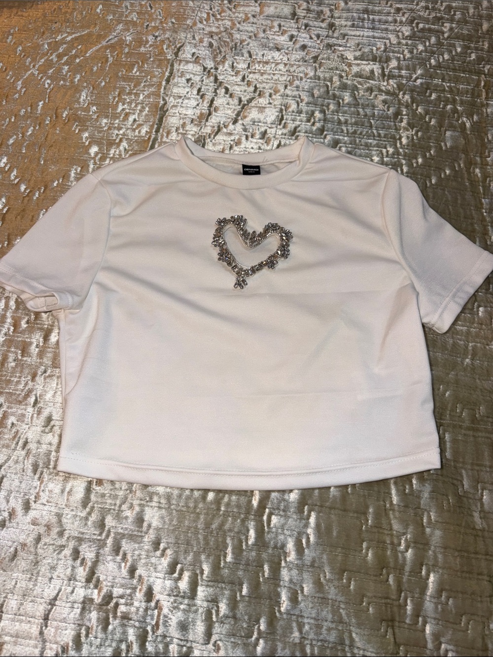 White Cropped Tee with Crystal Heart Embellishment